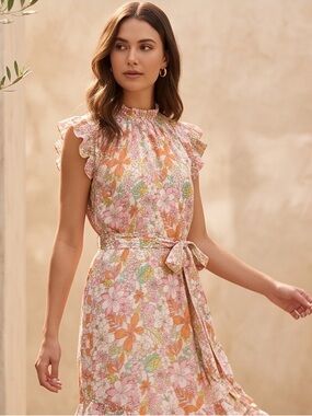 CeCe Floral Midi Dress in Orange, Pink, Green